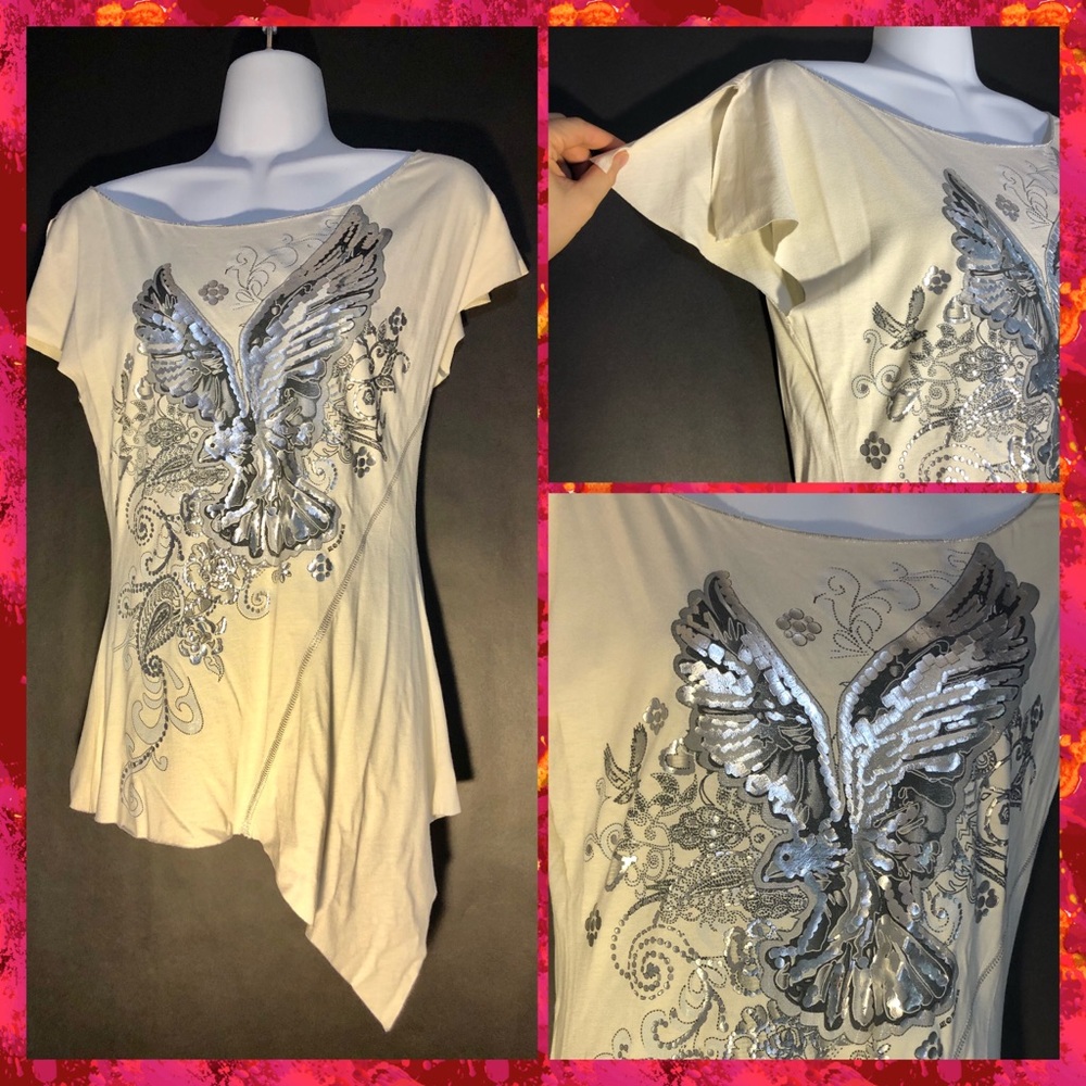 NWT- beige asymmetrical top with silver Phoenix